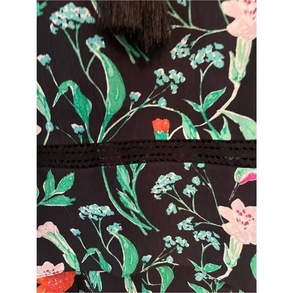 Kate Spade Hummingbird Floral Romper Black Crepe Tassel XS